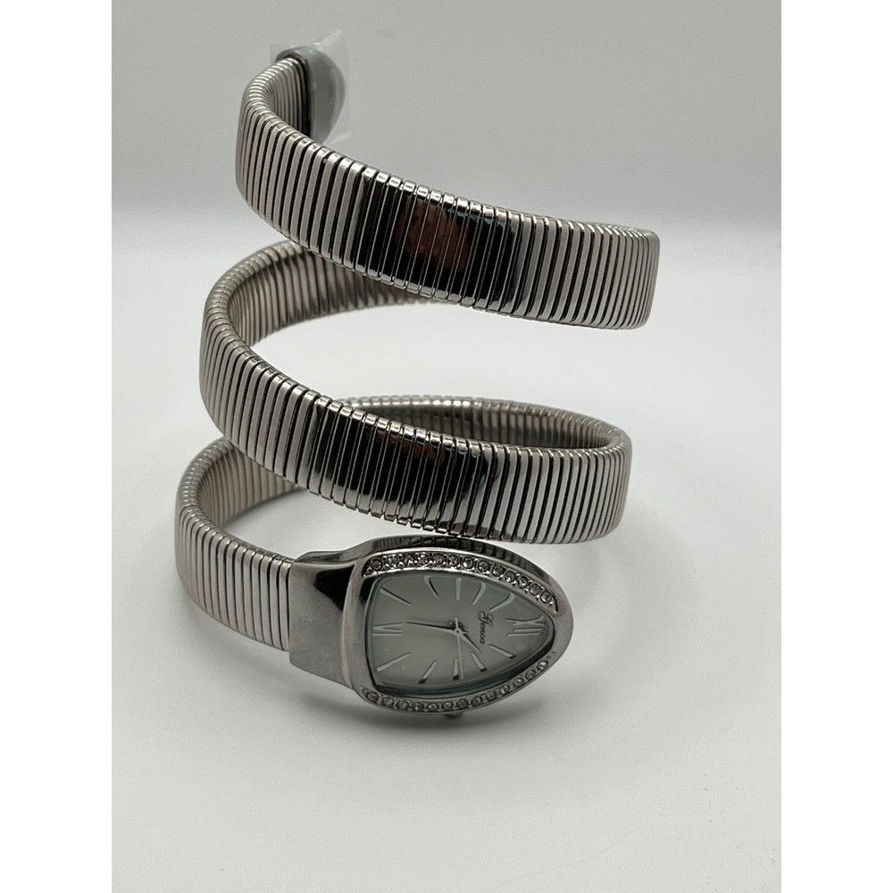 Silver Tone Snake Coil Wrap Around Genoa Watch Rhinestone Bezel Elegant